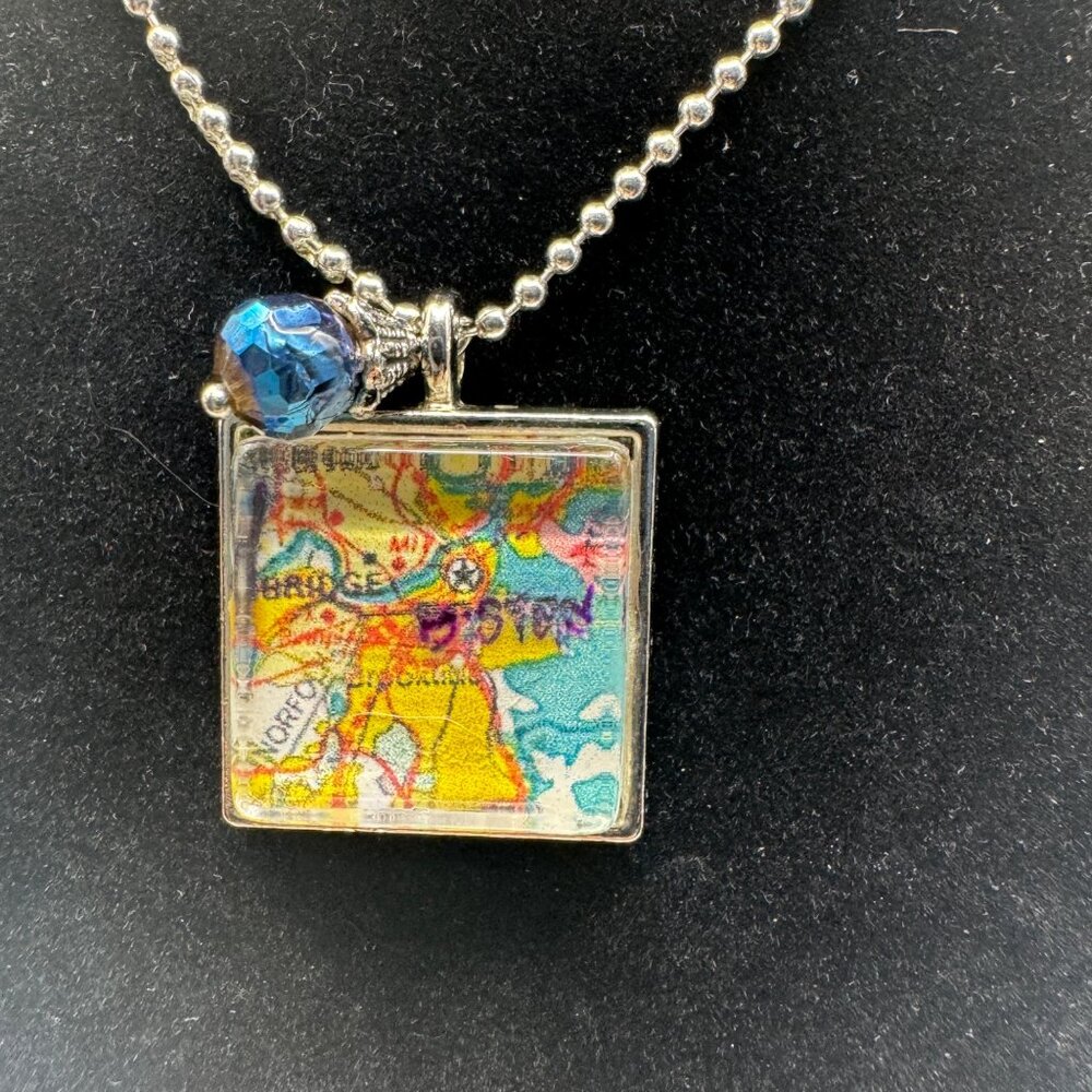 Vintage-Style Map Pendant Necklace With Blue Bead Accent Boston - Picture 2 of 3